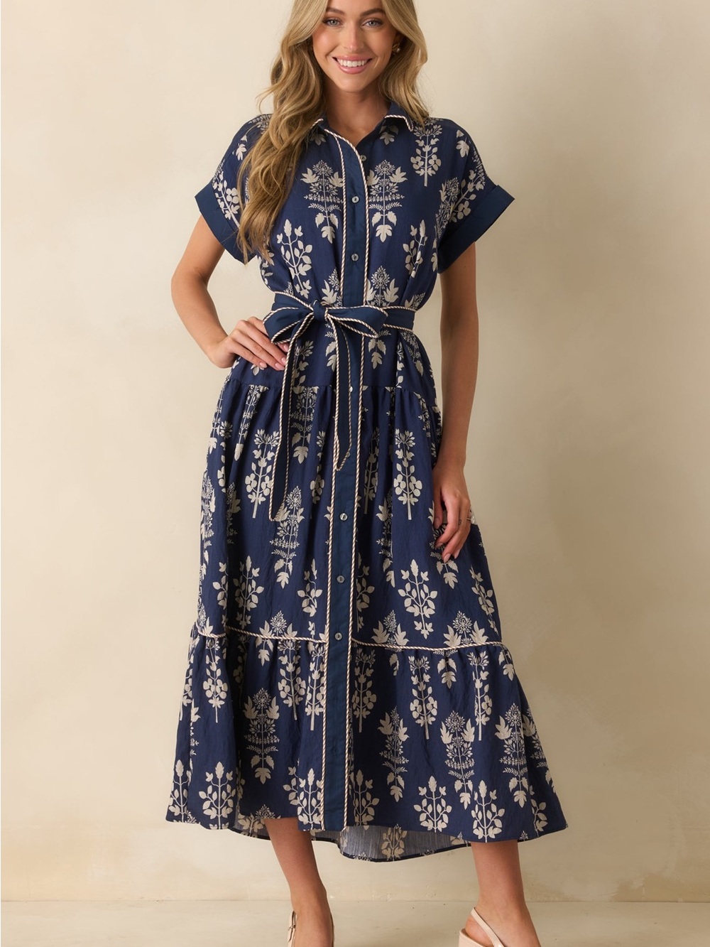 KEEP MOVING FORWARD NAVY MULTI FLORAL PRINT BELTED MIDI DRESS